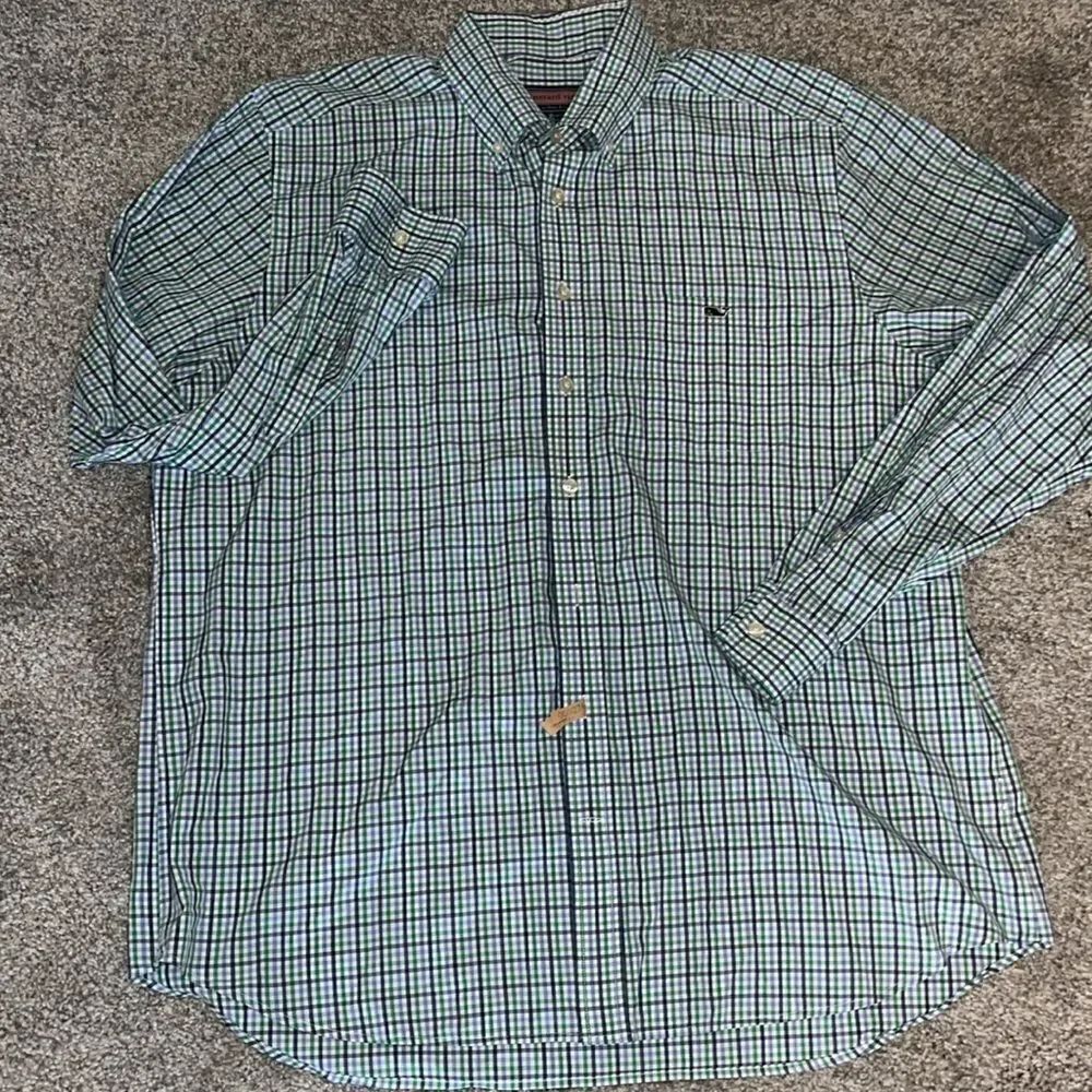 Vineyard Vines Whale Green gingham check plaid cotton Slim fit Tucker shirt XL